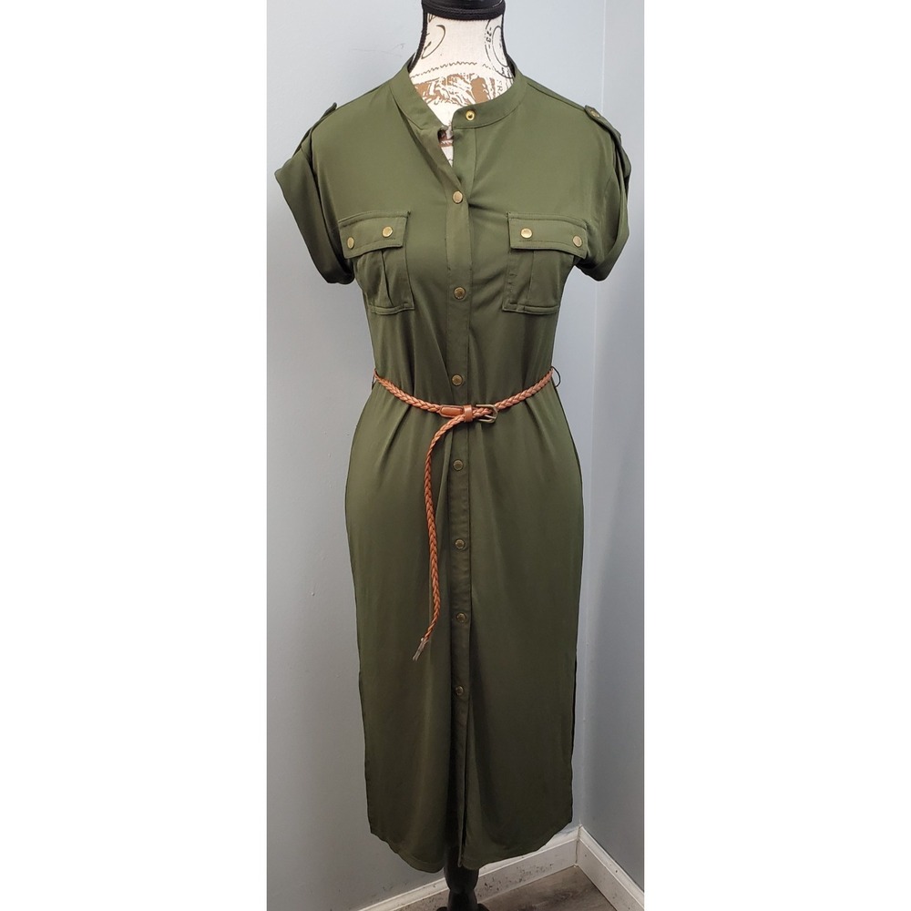 Michael Kors Utility Shirt Dress Womens Small Green Military Belted Snap Front